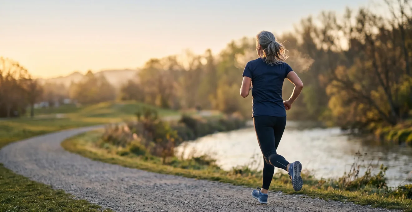 Silhouette d'un coureur mature au lever du soleil, symbolisant la protection du cœur par le cardio face au vieillissement