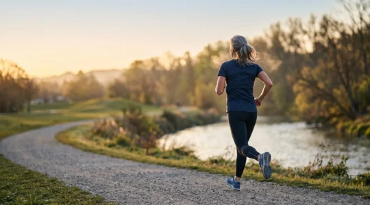 Silhouette d'un coureur mature au lever du soleil, symbolisant la protection du cœur par le cardio face au vieillissement