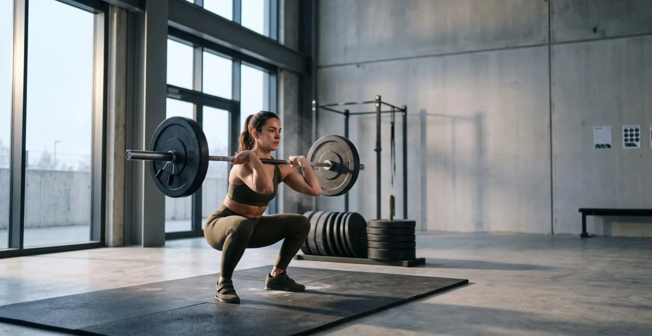 Athlète en pleine séance de musculation dans une salle baignée de lumière naturelle, symbolisant une progression structurée sur plusieurs semaines