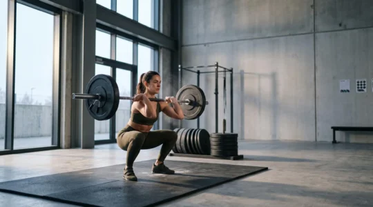Athlète en pleine séance de musculation dans une salle baignée de lumière naturelle, symbolisant une progression structurée sur plusieurs semaines