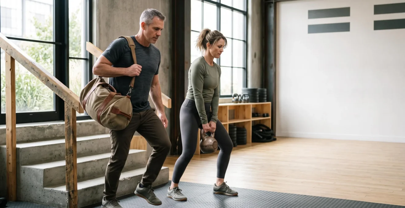 Un homme et une femme d'une quarantaine d'années soulèvent et portent des charges fonctionnelles dans un espace lumineux, illustrant les bénéfices du renforcement musculaire au-delà de l'esthétique