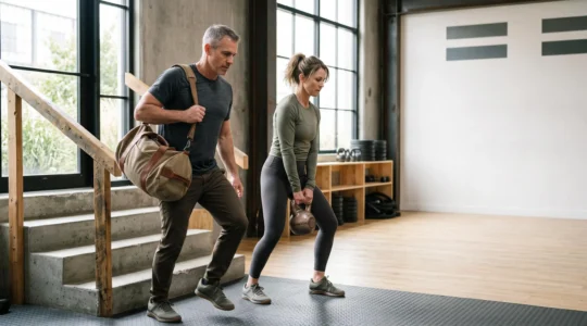 Un homme et une femme d'une quarantaine d'années soulèvent et portent des charges fonctionnelles dans un espace lumineux, illustrant les bénéfices du renforcement musculaire au-delà de l'esthétique