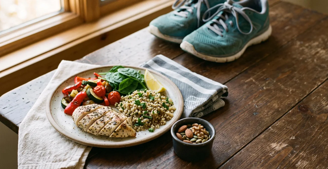 Assiette équilibrée avec aliments de performance sportive disposée pour illustrer l'impact de la nutrition sur le sport