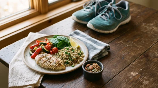 Assiette équilibrée avec aliments de performance sportive disposée pour illustrer l'impact de la nutrition sur le sport