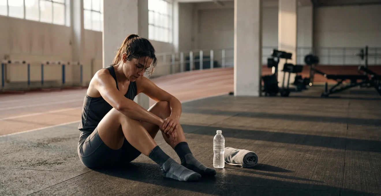 Athlète assis au sol dans une salle de sport vide, tête baissée, illustrant l'épuisement lié au surentraînement