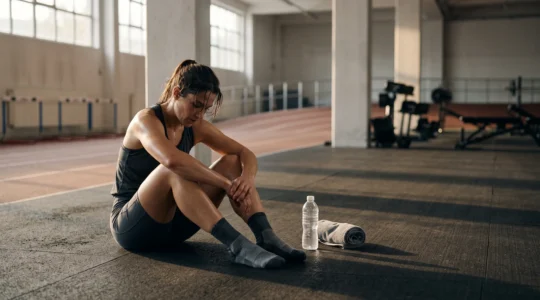 Athlète assis au sol dans une salle de sport vide, tête baissée, illustrant l'épuisement lié au surentraînement
