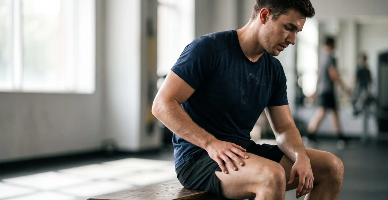 Un athlete assis, la main posee sur sa cuisse, evaluant une douleur musculaire apres une seance de sport intense