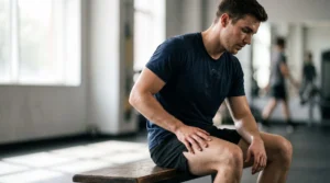 Un athlete assis, la main posee sur sa cuisse, evaluant une douleur musculaire apres une seance de sport intense