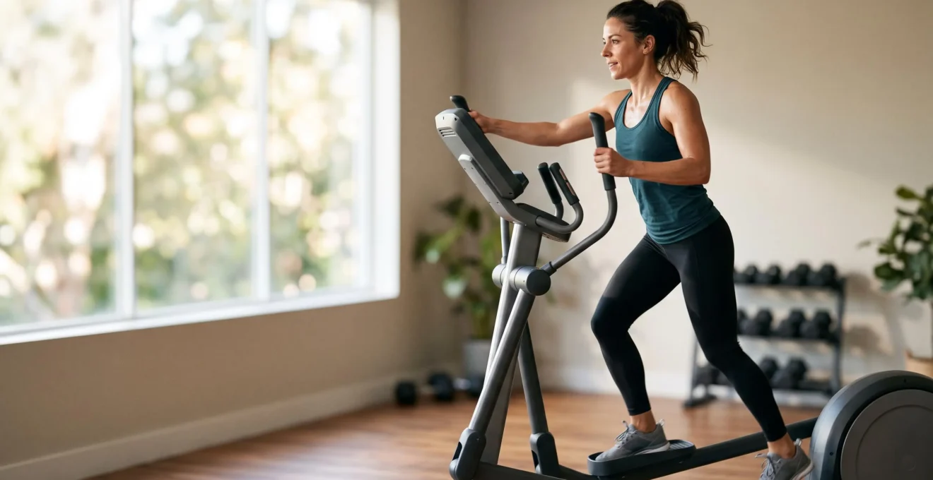 Personne en pleine séance de cardio à faible impact, mouvement fluide préservant les articulations