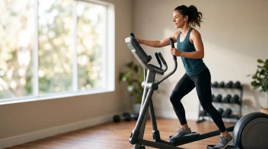Personne en pleine séance de cardio à faible impact, mouvement fluide préservant les articulations