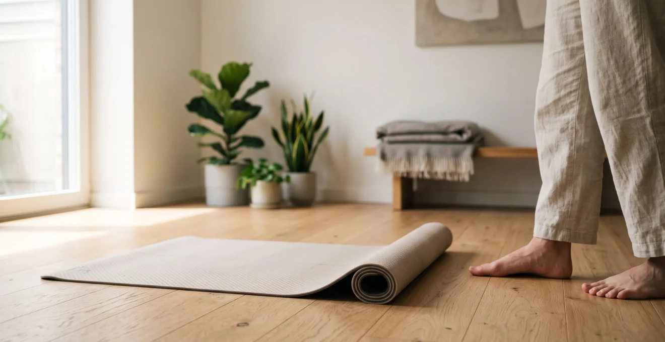 Tapis de yoga déroulé sur un sol en bois clair, mettant en valeur sa texture dense et son adhérence dans une pièce lumineuse et épurée