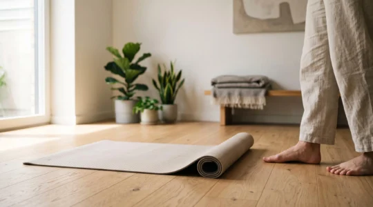 Tapis de yoga déroulé sur un sol en bois clair, mettant en valeur sa texture dense et son adhérence dans une pièce lumineuse et épurée