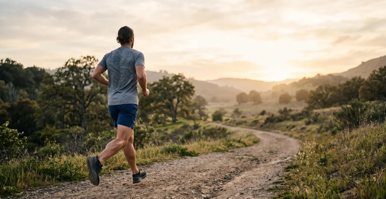 Coureur vu de dos en pleine foulée sur un chemin lumineux, symbolisant une circulation sanguine dynamique qui nourrit les muscles