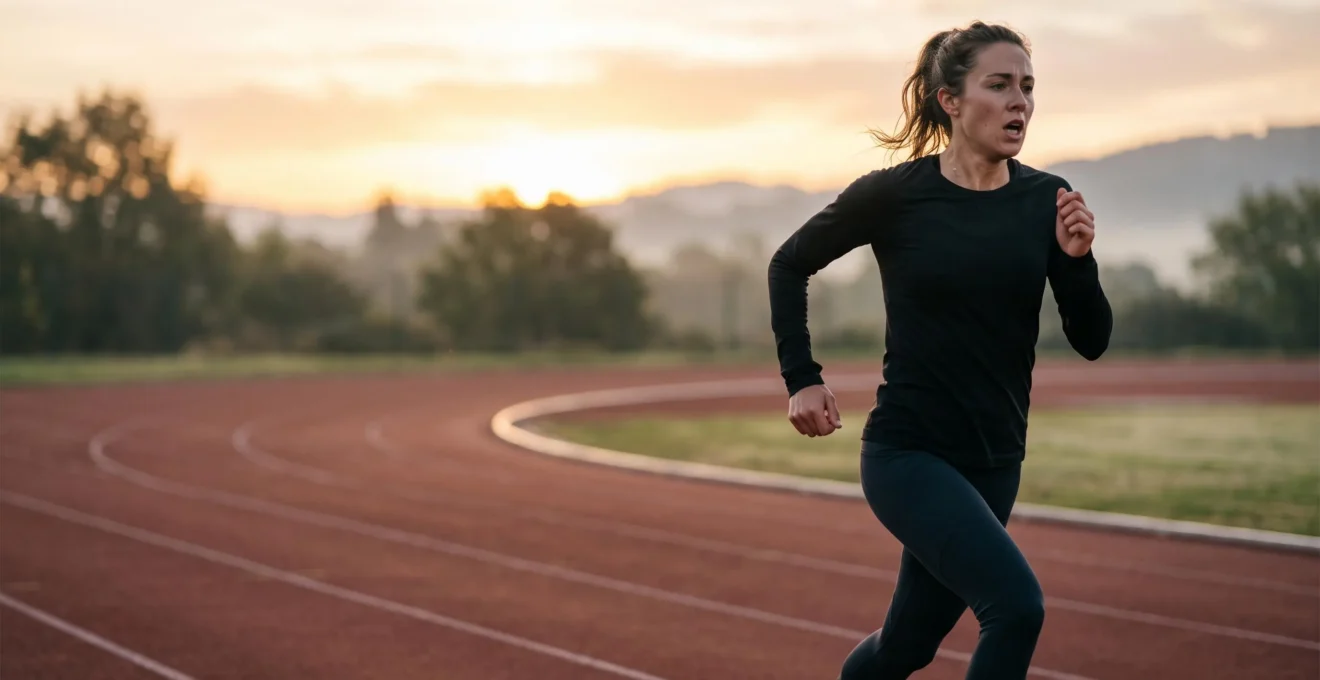 Coureur en plein effort physique, visage exprimant la fatigue et la concentration intense