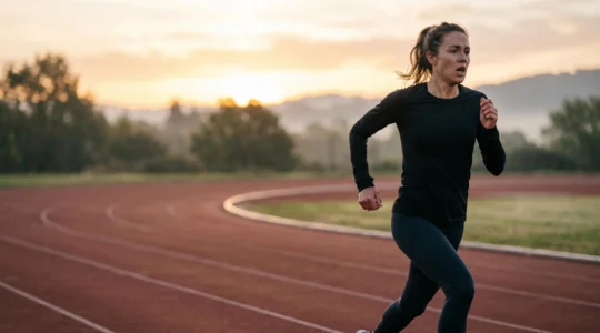 Coureur en plein effort physique, visage exprimant la fatigue et la concentration intense