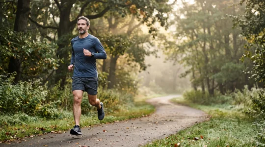 Homme d'une quarantaine d'années s'élançant pour son footing matinal dans un parc urbain