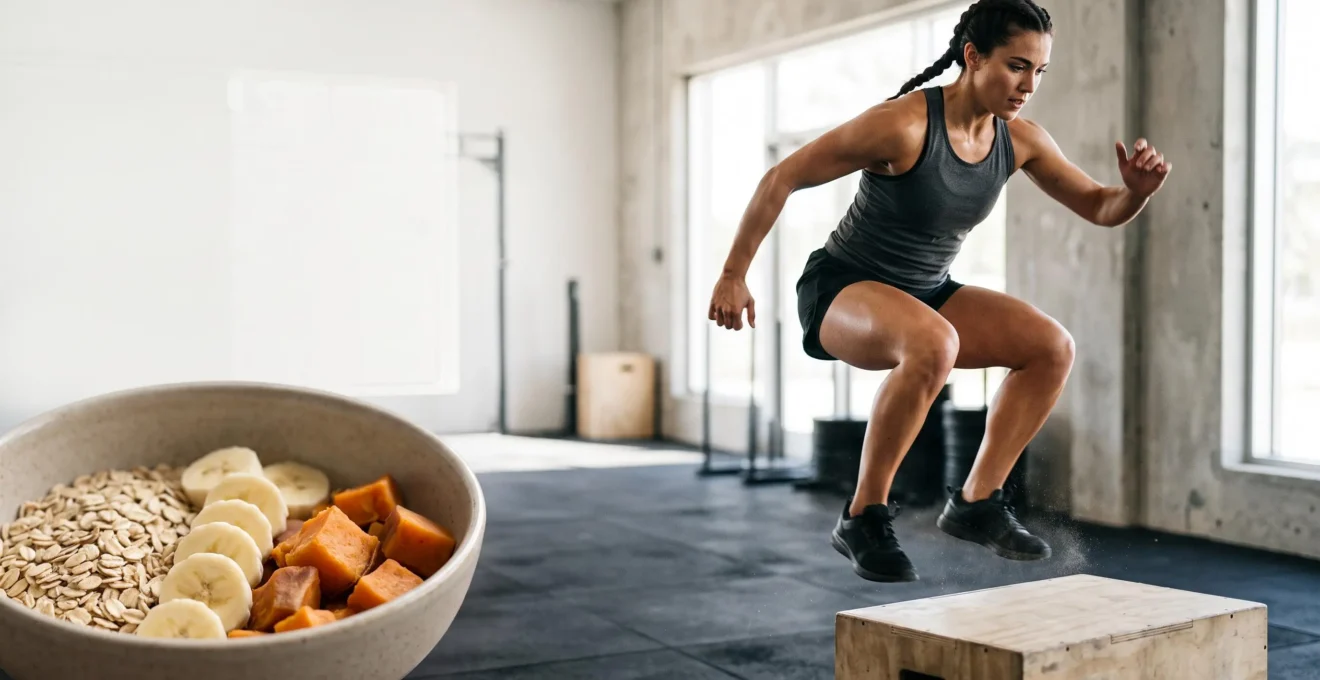 Sportif en plein effort explosif, symbolisant l'énergie fournie par un dosage précis de glucides