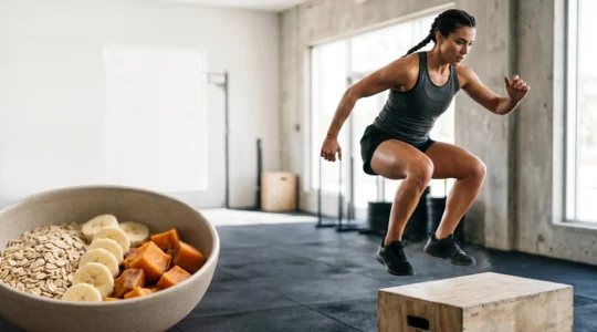 Sportif en plein effort explosif, symbolisant l'énergie fournie par un dosage précis de glucides
