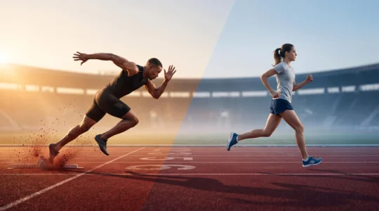 Composition symbolique illustrant l'opposition entre la puissance explosive du sprint et l'endurance du marathon à travers deux silhouettes d'athlètes en mouvement