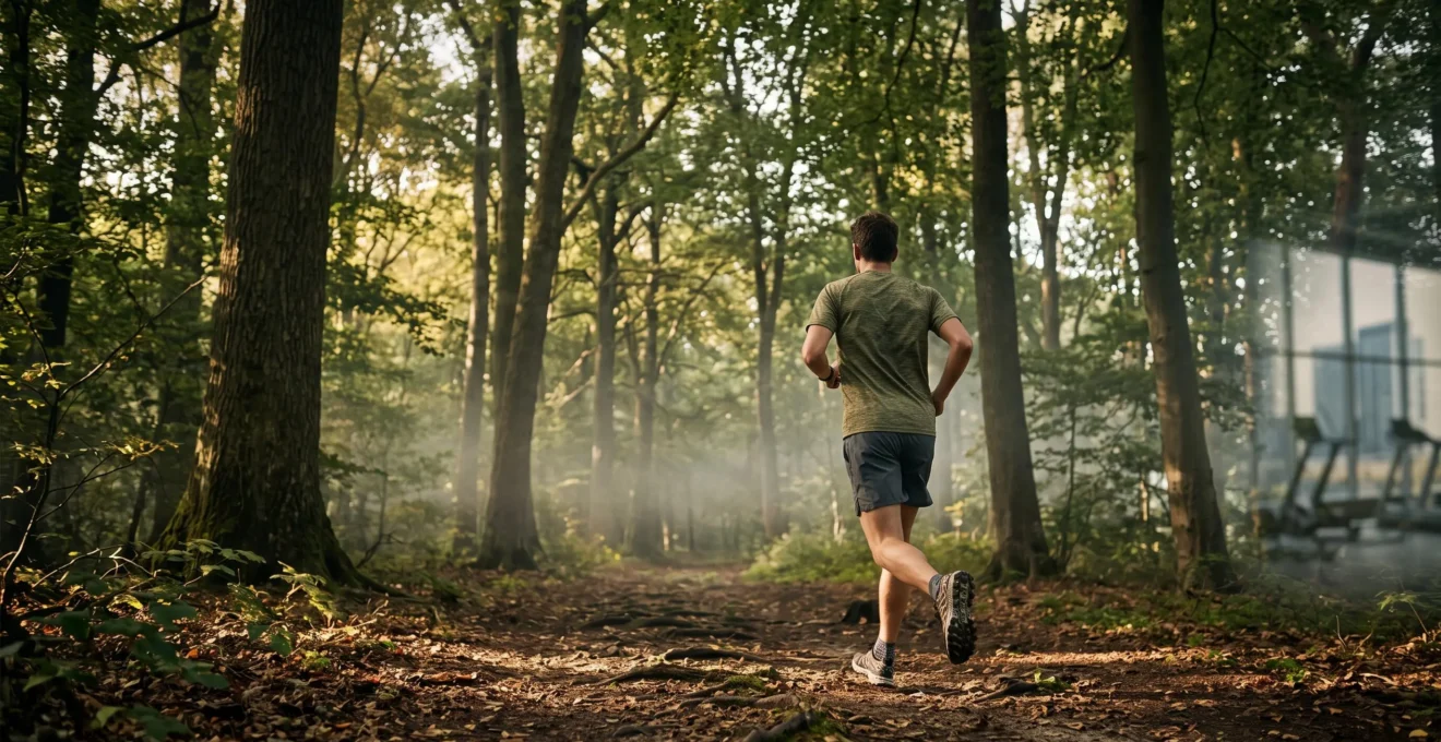 Coureur traversant une forêt lumineuse en pleine nature, symbolisant l'opposition entre le sport en extérieur et l'entraînement en salle