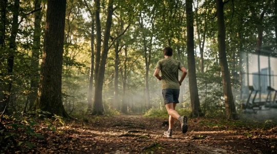 Coureur traversant une forêt lumineuse en pleine nature, symbolisant l'opposition entre le sport en extérieur et l'entraînement en salle