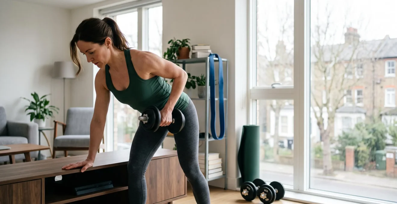 Personne s'entrainant a domicile dans un salon lumineux transforme en espace de sport, sans ecran ni texte visible