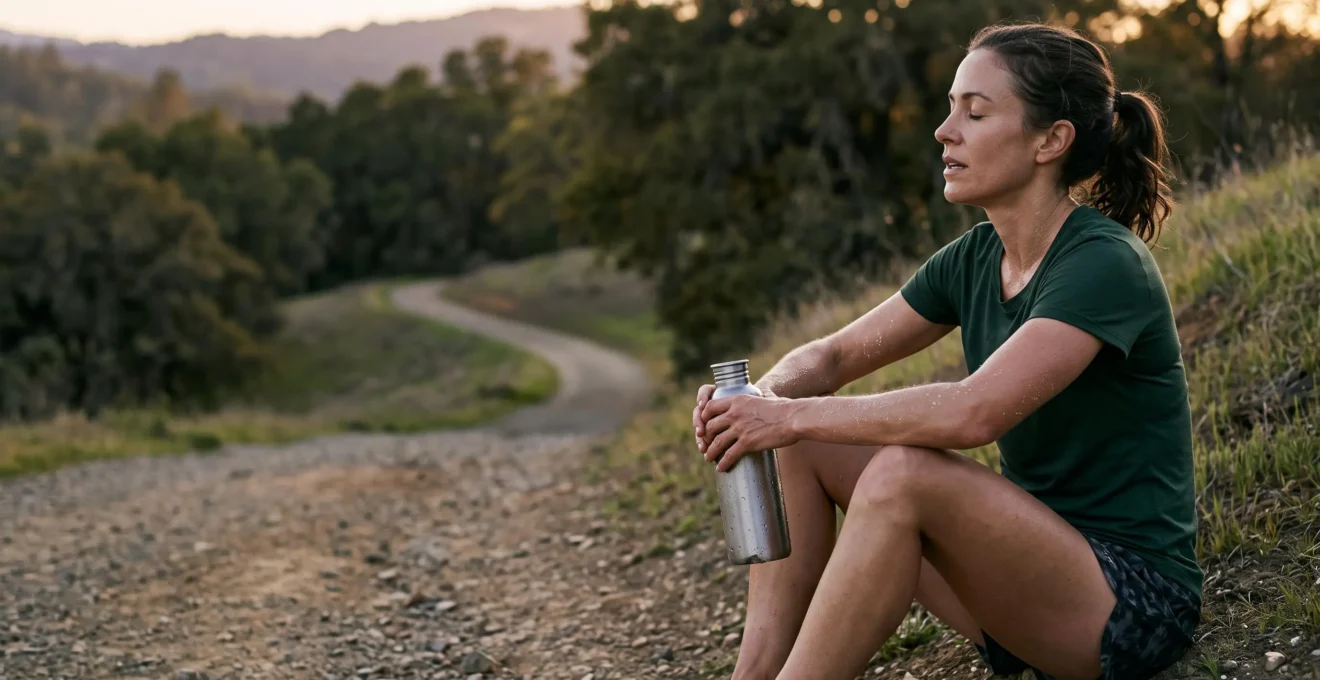 Coureur en fin d'effort tenant une gourde, gouttes de sueur salee sur la peau illustrant l'equilibre entre hydratation et electrolytes