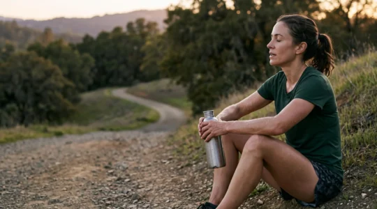 Coureur en fin d'effort tenant une gourde, gouttes de sueur salee sur la peau illustrant l'equilibre entre hydratation et electrolytes