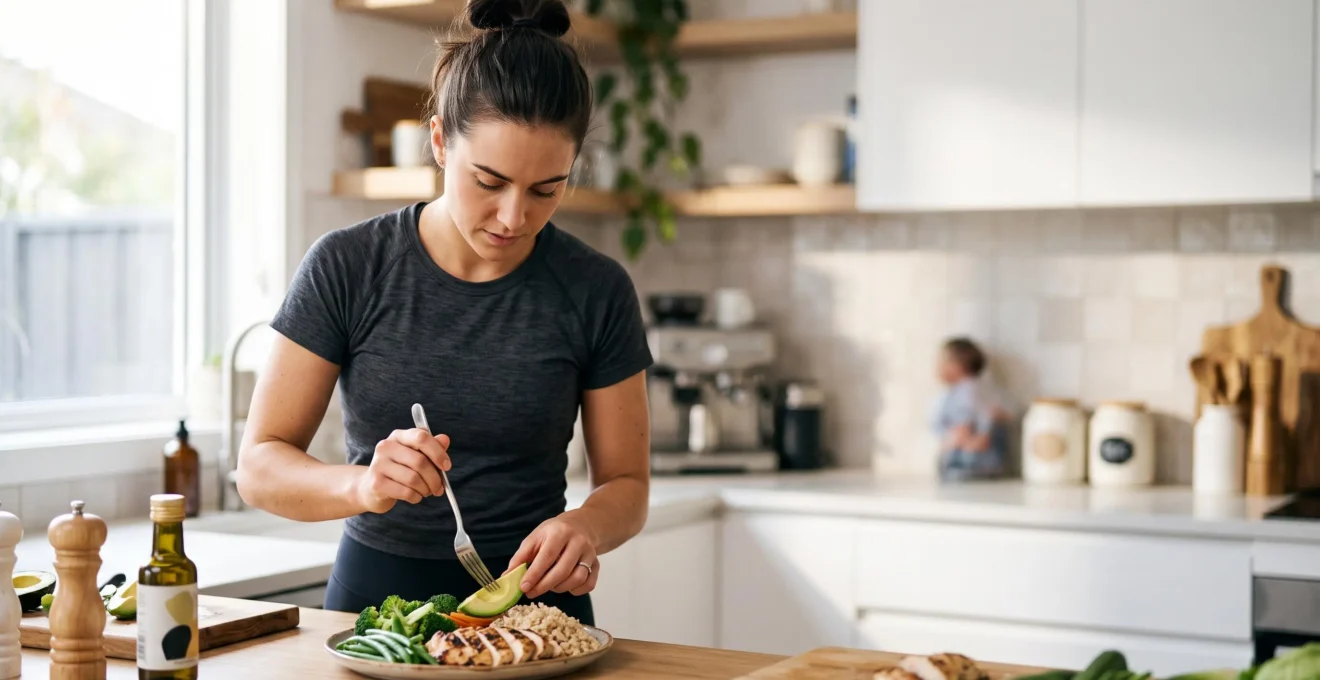Assiette équilibrée de protéines, glucides et lipides illustrant le dosage des macronutriments pour perdre du gras et construire du muscle