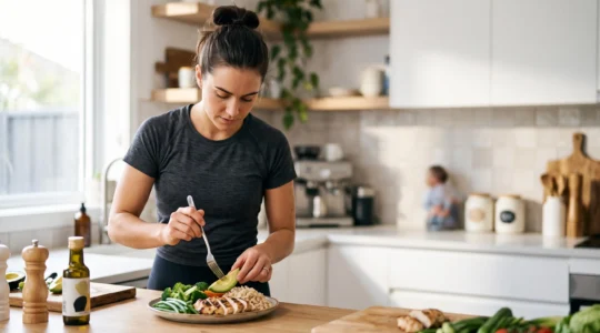 Assiette équilibrée de protéines, glucides et lipides illustrant le dosage des macronutriments pour perdre du gras et construire du muscle