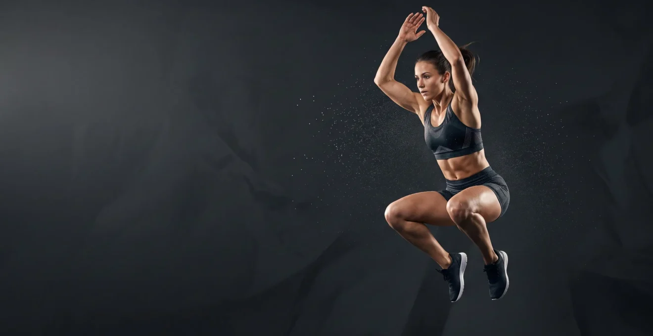 Athlete en pleine explosion musculaire lors d'un exercice HIIT, symbolisant l'intensite concentree de l'effort