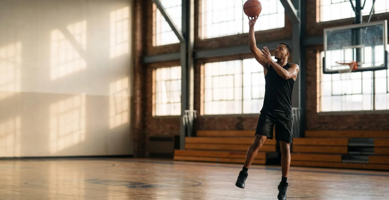 Joueur de basketball en suspension au sommet de son saut, corps aligné pour le tir, dans une salle baignée de lumière naturelle