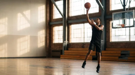 Joueur de basketball en suspension au sommet de son saut, corps aligné pour le tir, dans une salle baignée de lumière naturelle