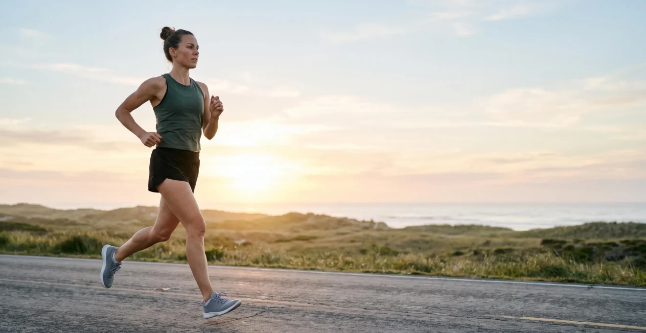 Coureur en pleine foulee au lever du jour, incarnant la maitrise de son effort et de son energie