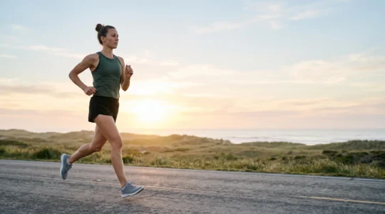 Coureur en pleine foulee au lever du jour, incarnant la maitrise de son effort et de son energie