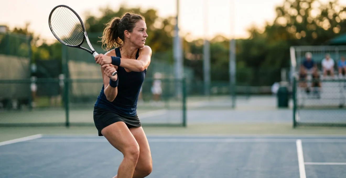 Joueur de tennis concentré et déterminé lors d'un échange de fond de court au troisième set