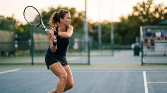 Joueur de tennis concentré et déterminé lors d'un échange de fond de court au troisième set
