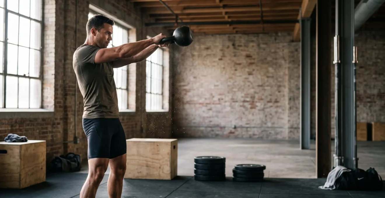 Athlete realisant un swing de kettlebell en pleine explosion de puissance, symbole de la force fonctionnelle