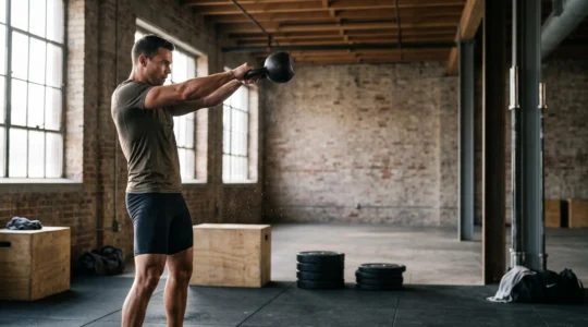 Athlete realisant un swing de kettlebell en pleine explosion de puissance, symbole de la force fonctionnelle