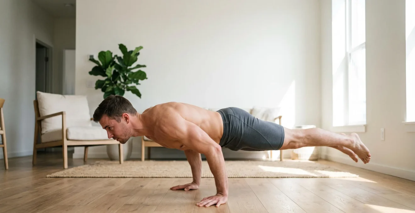 Personne effectuant un exercice de gainage au poids du corps dans un salon lumineux et minimaliste, symbolisant la musculation sans matériel