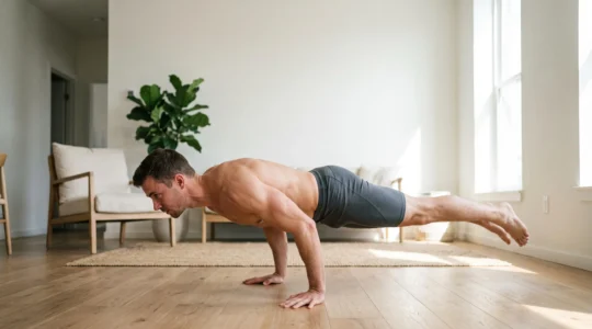 Personne effectuant un exercice de gainage au poids du corps dans un salon lumineux et minimaliste, symbolisant la musculation sans matériel