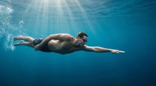 Nageur en pleine glisse en crawl, corps parfaitement aligné sous l'eau