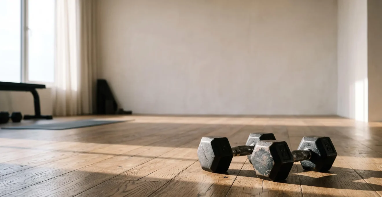Paire d'haltères en fonte posée sur un parquet clair, symbolisant la transformation d'un équipement minimaliste en salle de musculation complète