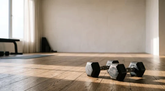 Paire d'haltères en fonte posée sur un parquet clair, symbolisant la transformation d'un équipement minimaliste en salle de musculation complète