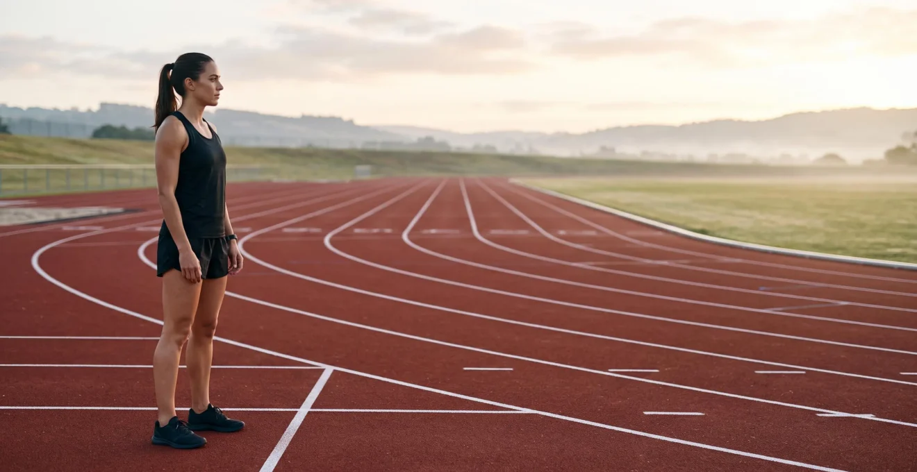 Athlete se preparant a l'aube sur une piste d'athletisme structuree, symbole d'un plan d'entrainement rigoureux