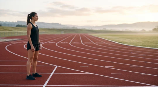 Athlete se preparant a l'aube sur une piste d'athletisme structuree, symbole d'un plan d'entrainement rigoureux