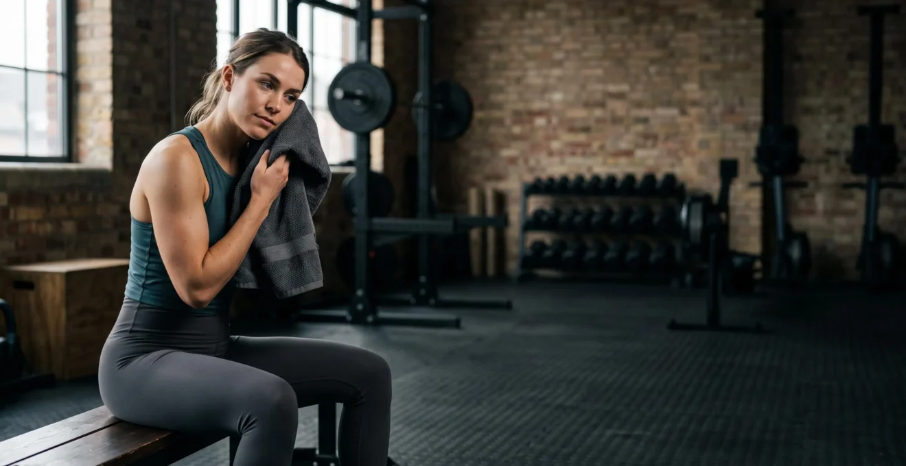 Silhouette d'un pratiquant de musculation en pause reflexive dans une salle de sport baignee de lumiere naturelle, symbolisant l'equilibre entre effort et recuperation