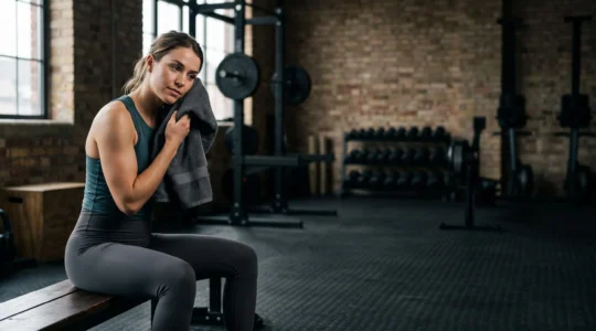 Silhouette d'un pratiquant de musculation en pause reflexive dans une salle de sport baignee de lumiere naturelle, symbolisant l'equilibre entre effort et recuperation