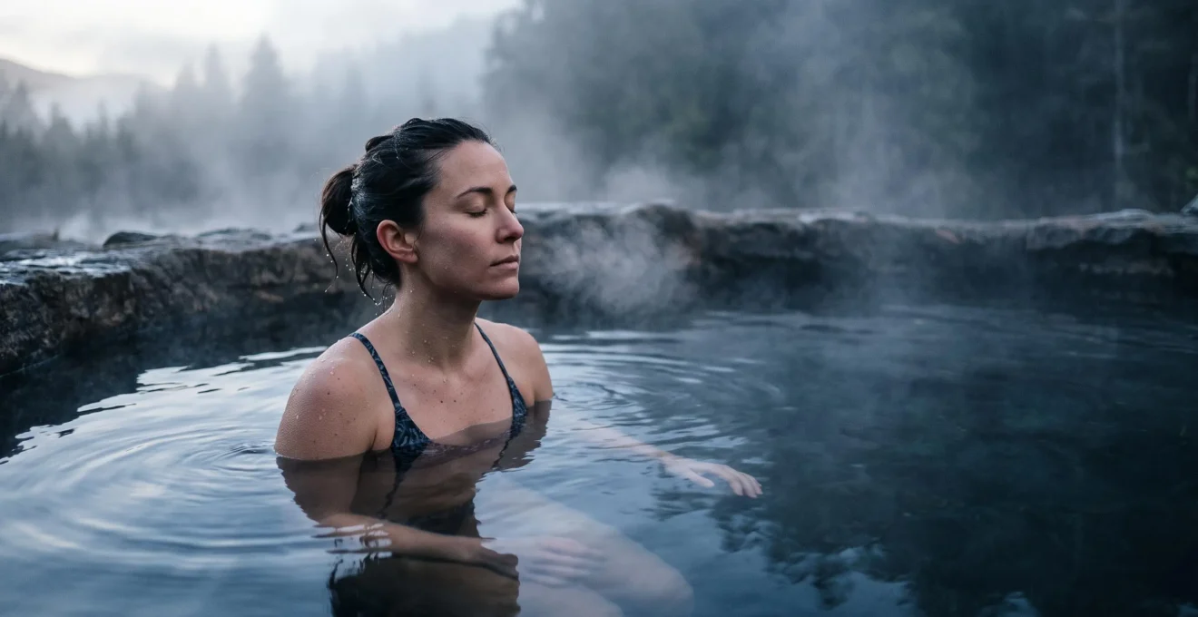 Athlete immerge jusqu'aux epaules dans une eau glacee naturelle au petit matin, illustrant la pratique du bain froid pour la recuperation musculaire