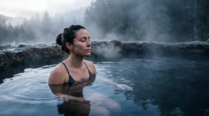 Athlete immerge jusqu'aux epaules dans une eau glacee naturelle au petit matin, illustrant la pratique du bain froid pour la recuperation musculaire